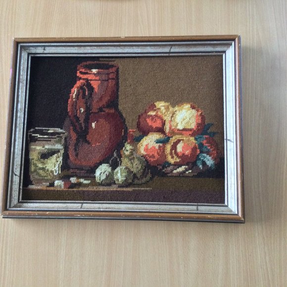 Beautiful handmade needlework yarn art wall hanging framed still life fruits mug - Picture 6 of 7